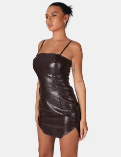 Public Desire Square Neck Croc Hem Cut Out Mini Dress Chocolate Best Sale
