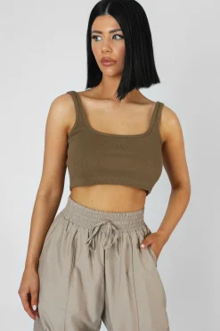 Public Desire Square Neck Ribbed Crop Top Khaki Store