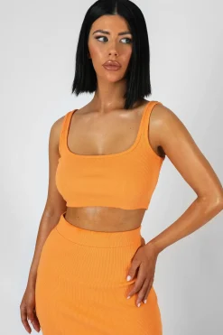 Public Desire Square Neck Ribbed Crop Top Mango Clearance