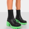 Public Desire Step Up Black Pu Platform Chunky Sole Heeled Ankle Boots Green Clearance