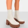Public Desire Step Up Brown Pu Platform Chunky Sole Heeled Ankle Boots Ecru Fashion