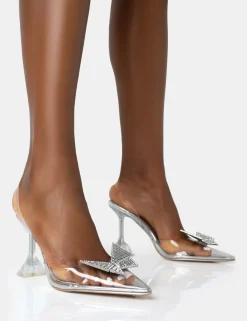 Public Desire Stormi Metallic Butterfly Diamante Slingback Court Stiletto Heels Silver Best Sale