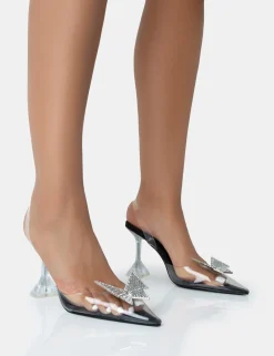 Public Desire Stormi Satin Butterfly Diamante Slingback Court Stiletto Heels Black Cheap