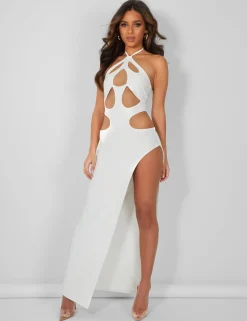 Public Desire Strappy Cut Away Extreme Split Midaxi Dress Ivory Clearance
