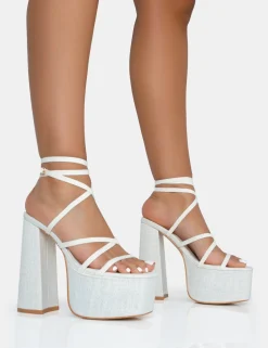 Public Desire Suki Linen Strappy Platform Square Toe Block Heels Ecru Discount