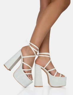 Public Desire Suki Linen Strappy Platform Square Toe Block Heels Ecru Discount