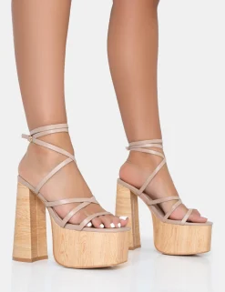Public Desire Suki Pu Strappy Wood Effect Platform Square Toe Block Heels Nude Outlet