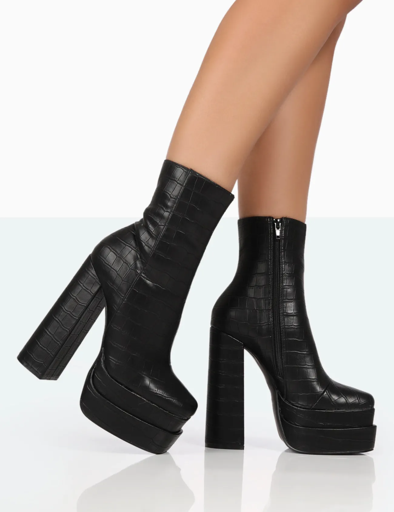 Public Desire Supine Patent Croc Chunky Heeled Platform Ankle Boots Black Fashion