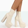 Public Desire Supine Patent Croc Chunky Heeled Platform Ankle Boots Ecru Store