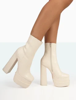 Public Desire Supine Patent Croc Chunky Heeled Platform Ankle Boots Ecru Store
