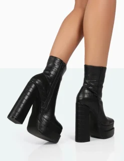 Public Desire Supine Patent Croc Chunky Heeled Platform Ankle Boots Black Fashion