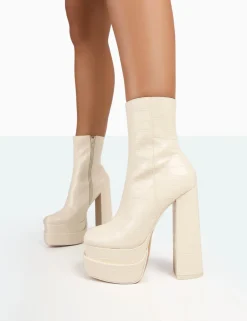 Public Desire Supine Patent Croc Chunky Heeled Platform Ankle Boots Ecru Store