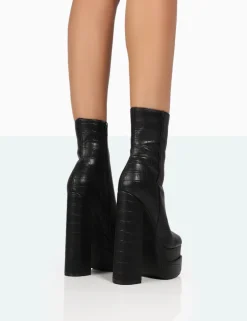 Public Desire Supine Patent Croc Chunky Heeled Platform Ankle Boots Black Fashion