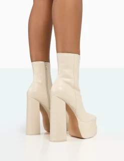 Public Desire Supine Patent Croc Chunky Heeled Platform Ankle Boots Ecru Store