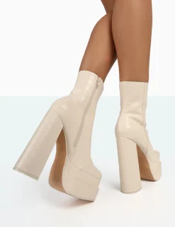 Public Desire Supine Patent Croc Chunky Heeled Platform Ankle Boots Ecru Store
