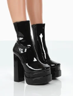 Public Desire Supine Wide Fit Black Patent Chunky Platform High Heeled Ankle Boots Block Fashion
