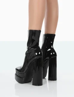 Public Desire Supine Wide Fit Black Patent Chunky Platform High Heeled Ankle Boots Block Fashion