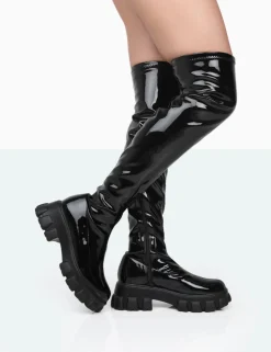 Public Desire Take Chances Patent Chunky Sole Knee High Boots Black Sale