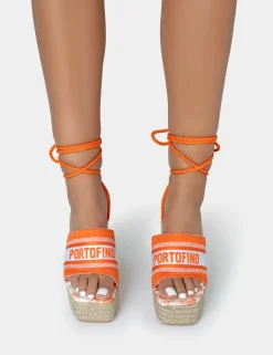 Public Desire Take Off Embroidered Portofino Lace Up Raffia Square Toe Wedge Heels Orange Store