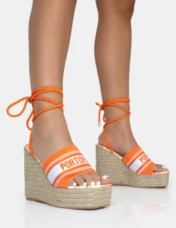 Public Desire Take Off Embroidered Portofino Lace Up Raffia Square Toe Wedge Heels Orange Store
