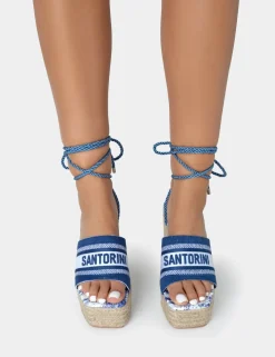 Public Desire Take Off Embroidered Santorini Lace Up Raffia Square Toe Wedge Heels Navy Outlet