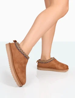 Public Desire Tamsin Faux Suede Embroidered Slipper Boots Tan Store
