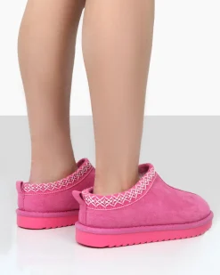 Public Desire Tamsin Faux Suede Embroidered Slipper Boots Pink Shop