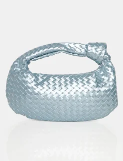 Public Desire The Blame Metallic Iridescent Woven Pu Knot Detail Mini Grab Bag Silver New