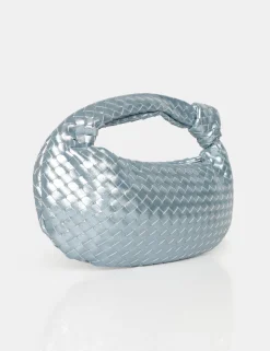 Public Desire The Blame Metallic Iridescent Woven Pu Knot Detail Mini Grab Bag Silver New
