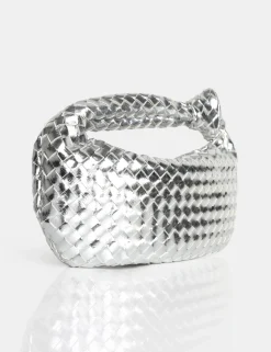 Public Desire The Blame Metallic Mirror Woven Pu Knot Detail Mini Grab Bag Silver Best Sale