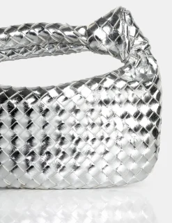 Public Desire The Blame Metallic Mirror Woven Pu Knot Detail Mini Grab Bag Silver Best Sale