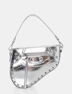 Public Desire The Fox Metallic Croc Studded Saddle Shoulder Bag Silver Shop