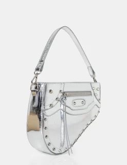 Public Desire The Fox Metallic Croc Studded Saddle Shoulder Bag Silver Shop
