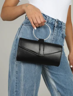 Public Desire The Pammy Pu Diamante Handle Envelope Clutch Black Fashion