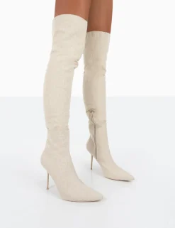 Public Desire Tianna Natural Linen Pointed Toe Over The Knee Stiletto Boots Nude Discount