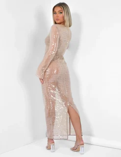 Public Desire Tie Up Mesh Sequin Midi Dress Nude Fashion