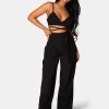 Public Desire Tie Waist Wide Leg Trousers Black Clearance
