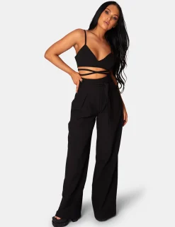 Public Desire Tie Waist Wide Leg Trousers Black Clearance