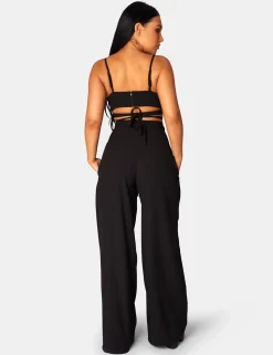 Public Desire Tie Waist Wide Leg Trousers Black Clearance