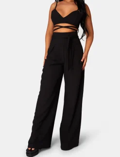 Public Desire Tie Waist Wide Leg Trousers Black Clearance