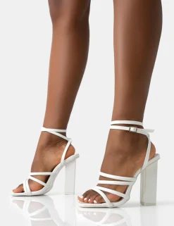 Public Desire Tobi Wide Fit Patent Strappy Square Toe High Block Heels Ecru Store