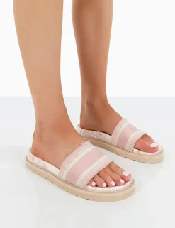 Public Desire Toile Baby Embroidered Print Slide Sandals Pink New