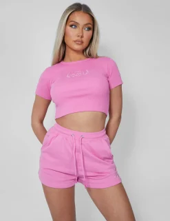 Public Desire Tonal Embroidery Angel Number T-Shirt Pink Hot