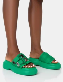 Public Desire Trace Buckle Mule Chunky Sandals Green Online