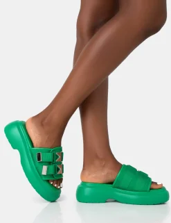 Public Desire Trace Buckle Mule Chunky Sandals Green Online