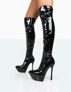 Public Desire Trixie Patent Stiletto Platform Over The Knee Boots Black Sale