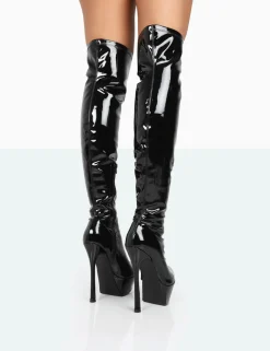 Public Desire Trixie Patent Stiletto Platform Over The Knee Boots Black Sale