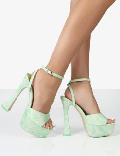 Public Desire Truce Print Satin Strappy Platform Party High Heels Green Hot
