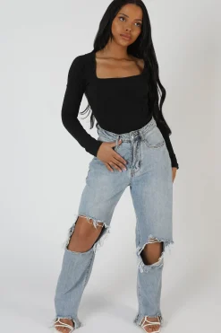 Public Desire Underbust Seam Square Neck Bodysuit Black Sale