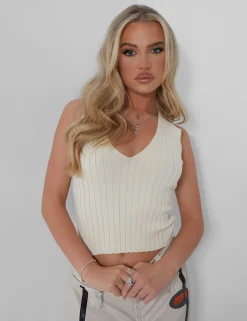 Public Desire V Front Knitted Top Beige Cheap